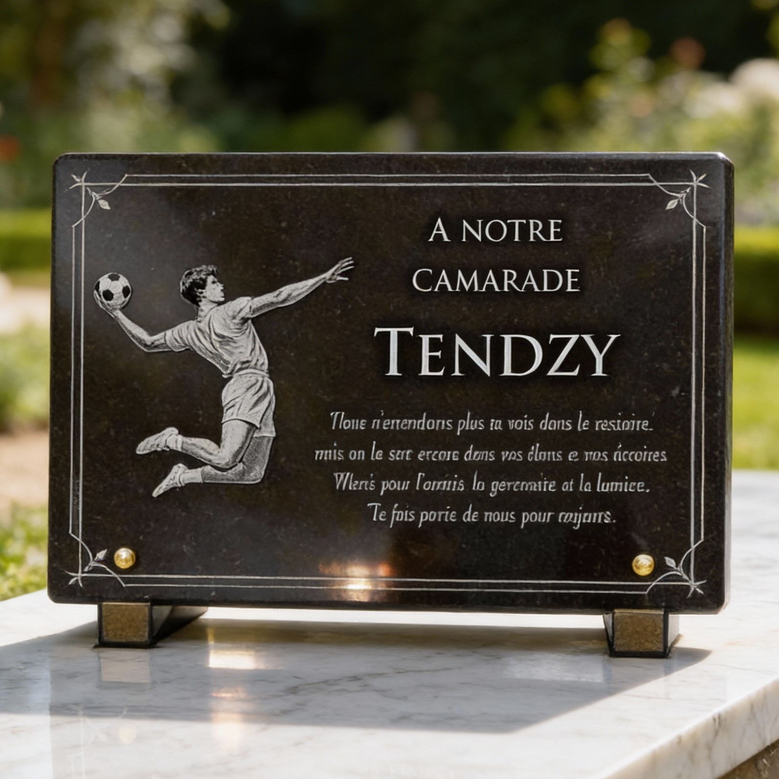 Plaque funéraire handball, granit noir poli 30x20 cm