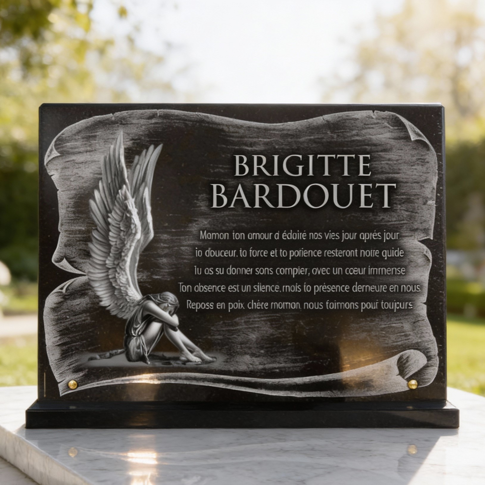 Plaque funéraire parchemin en granit poli sur socle, 40×30 cm