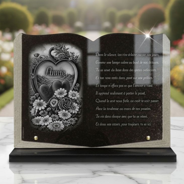 Plaque funéraire coeur en granit, Livre ouvert 35 × 25 cm sur socle noir