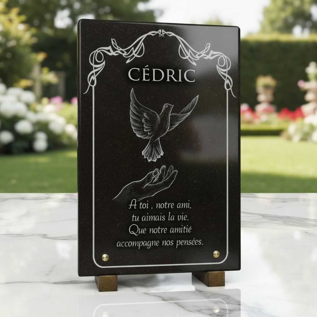Plaque funéraire colombe, granit 30 × 20 cm