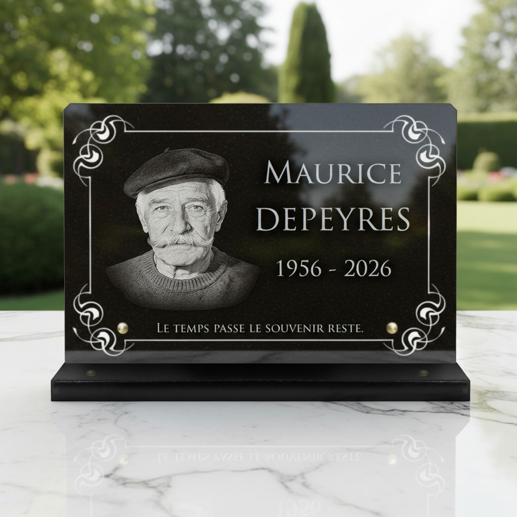 Plaque funéraire avec photo, granit gravé
