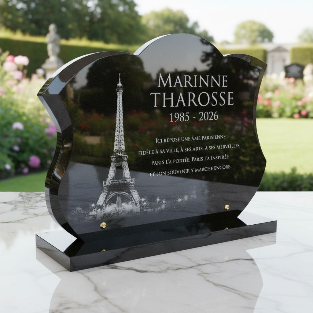 Plaque funéraire Paris, granit sur socle, Tour Eiffel gravée (30 × 40 cm)