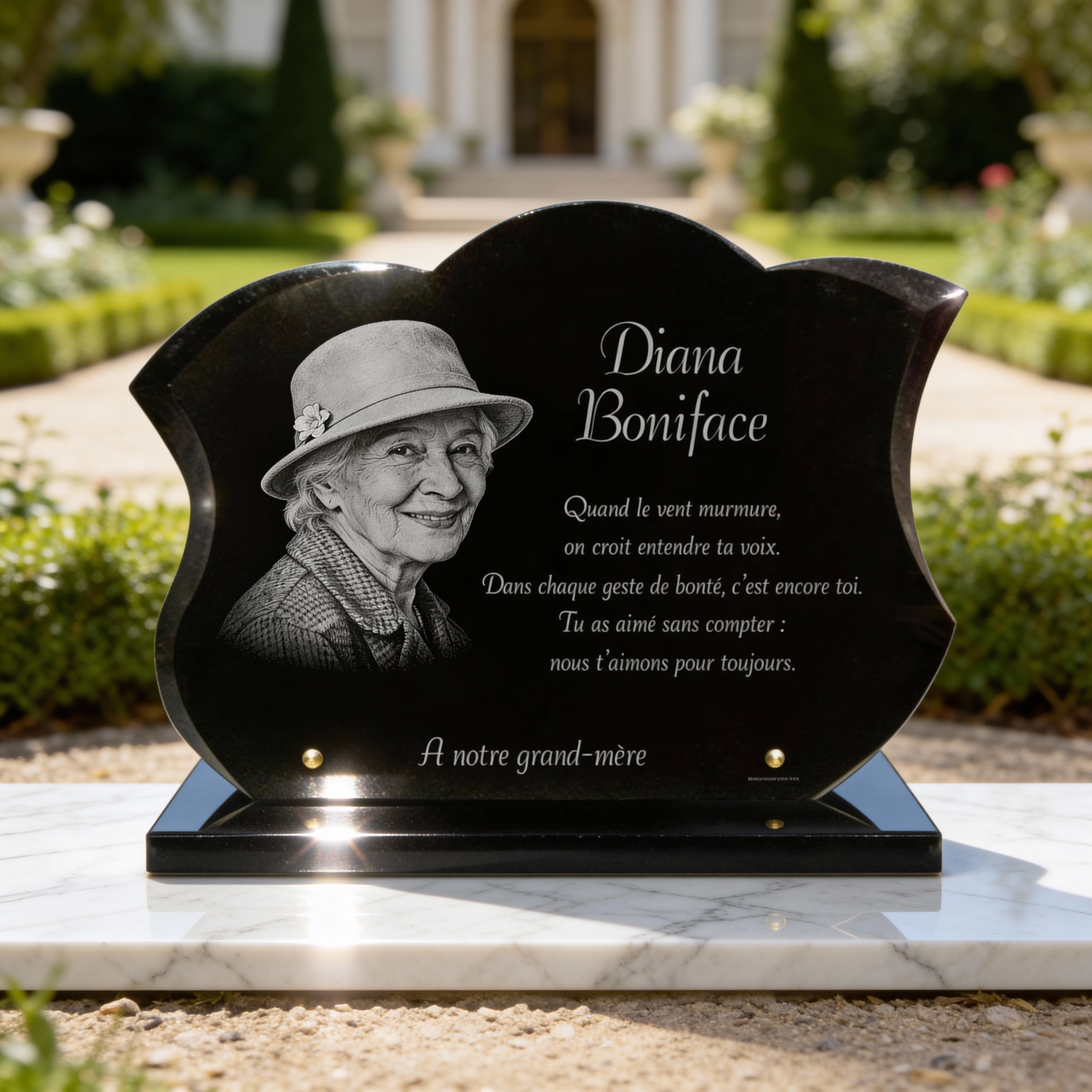 Plaque funéraire avec photo, granit sur socle