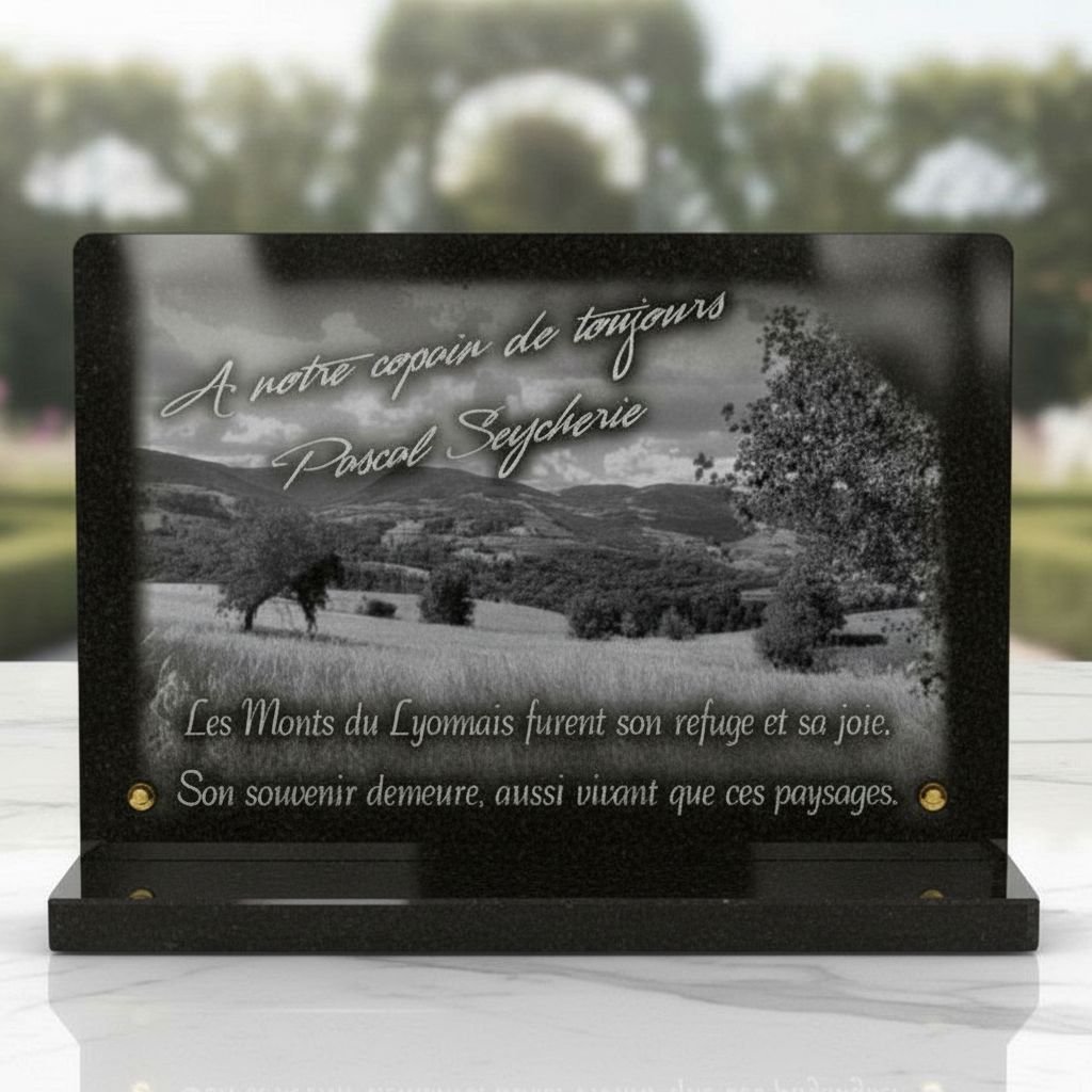 Plaque funéraire Lyon (69) en granit : paysage des Monts du Lyonnais