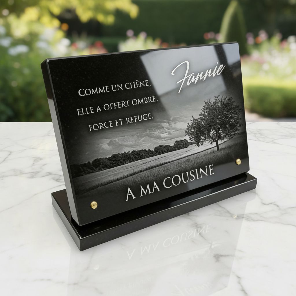 Plaque funéraire Arbre (chêne) en granit noir poli sur socle, 20 × 30 cm