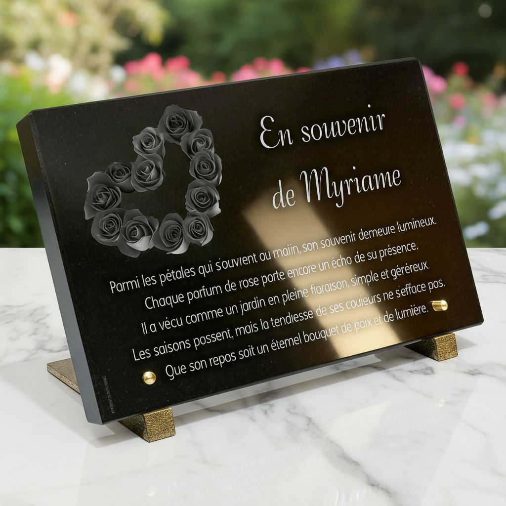 Plaque funéraire Fleurs en granit noir poli sur pieds (20 × 30 cm)
