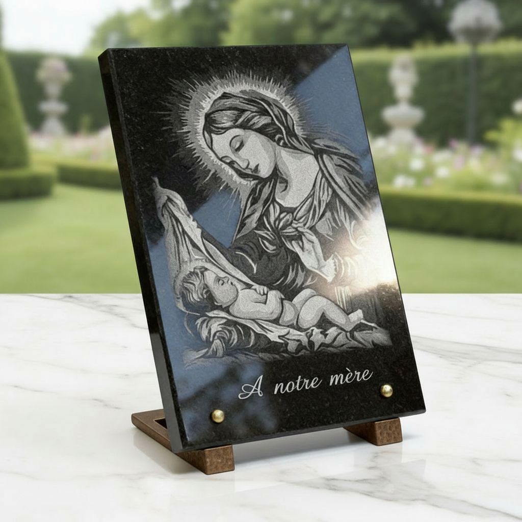Plaque funéraire Sainte Vierge Marie avec enfant en granit noir poli 30 × 20 cm