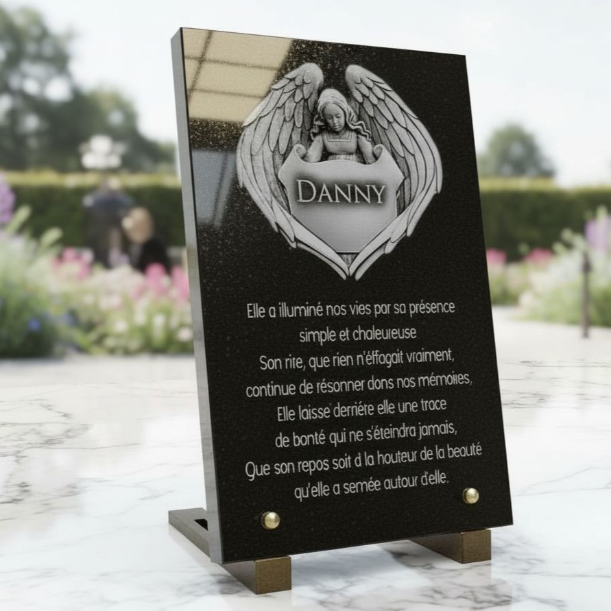 Plaque funéraire Ange en granit noir poli 30 x 20 cm