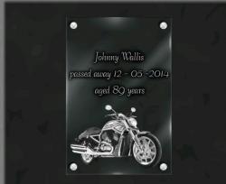 Glass memorial plaque with engraved motorbike