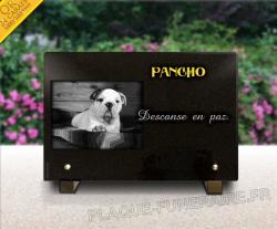 Placa de luto retrato perro. Nombre dorado