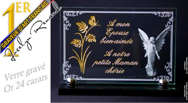 Plaque obsèques en verre avec ange