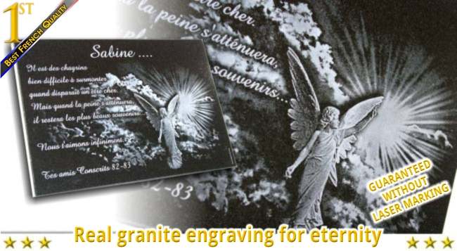 Engraved granite memorial plaque for headstone with angel