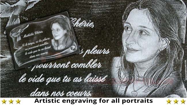 Parchment and photo engraved on granite memorial plaque.