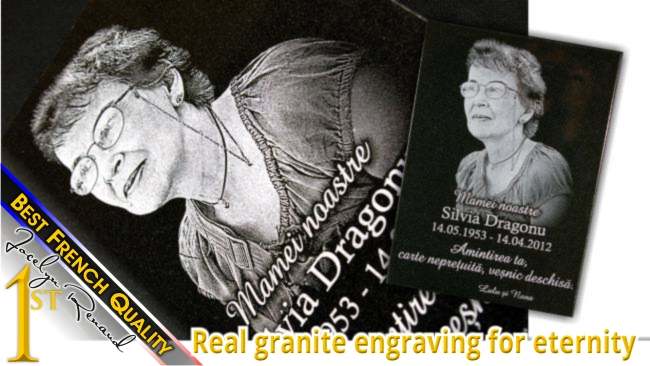 Custom funeral plaque with photo engraved on granite surface for eternity.