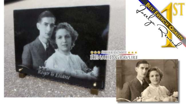 2 photos and portraits engraved on a granite memorial plaque to customize.