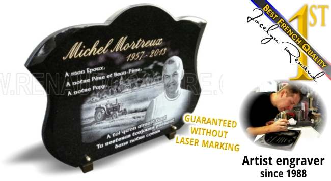 Country design and photo portrait on a granite memorial plaque.