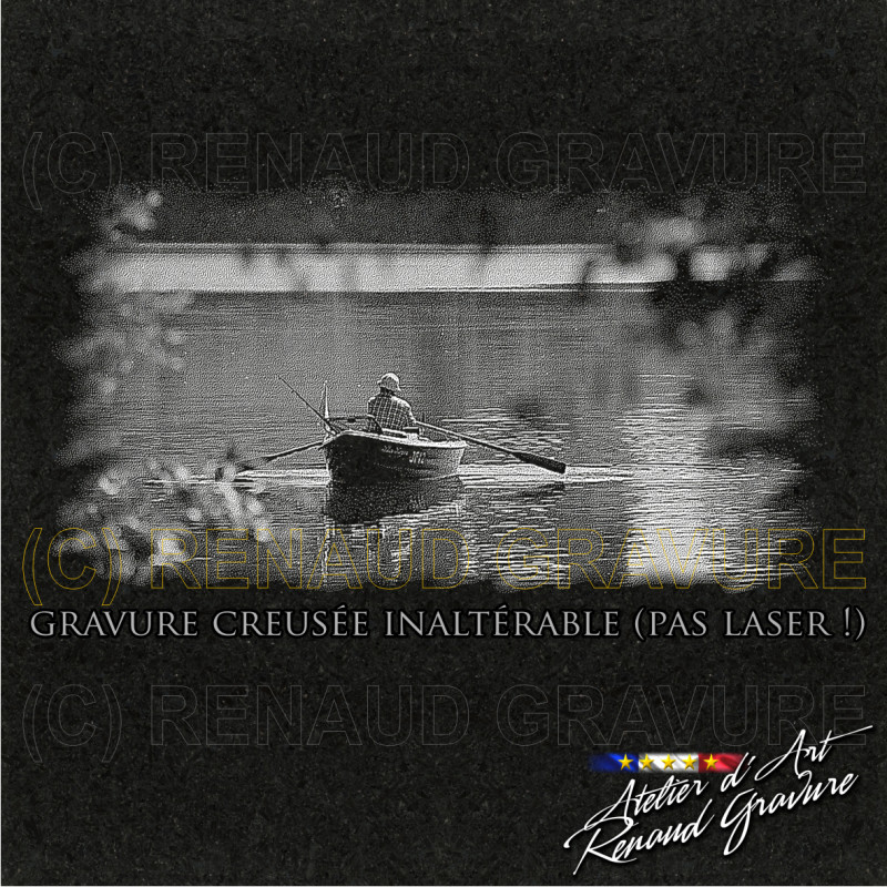 motif pêcheur en barque pour personnaliser votre plaque funéraire