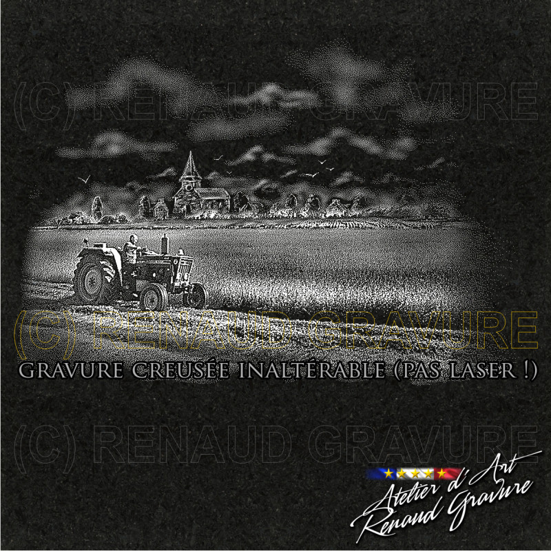 motif église et tracteur en campagne pour personnaliser votre plaque funéraire