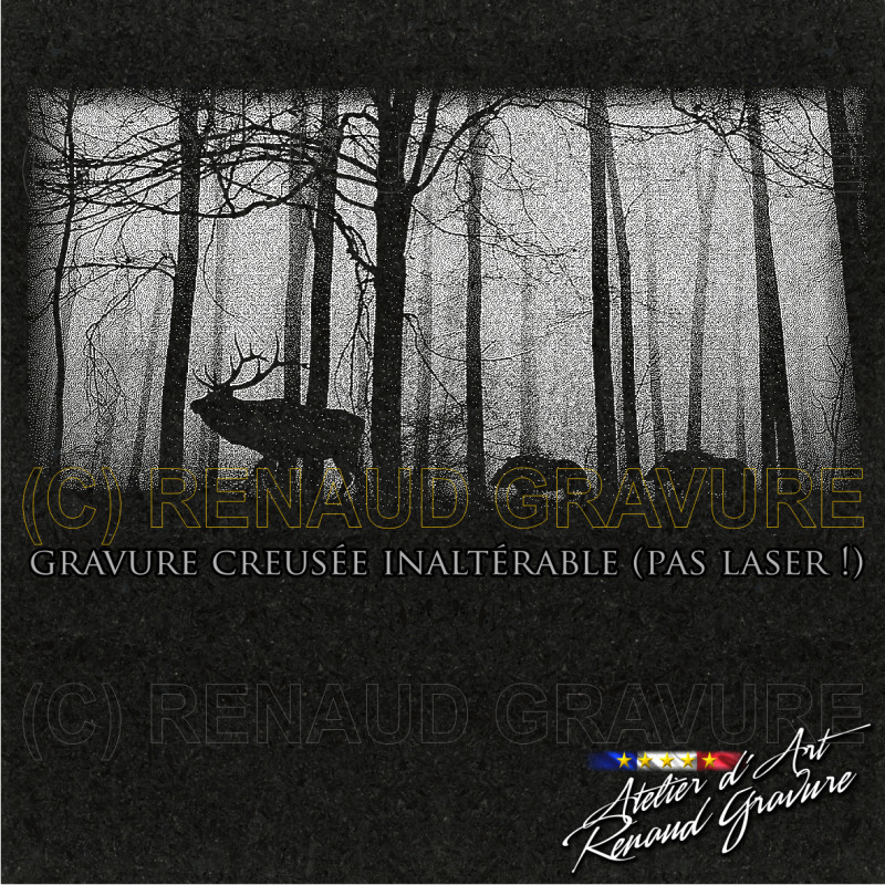 motif cerf et sangliers dans les bois pour personnaliser votre plaque funéraire de chasseur