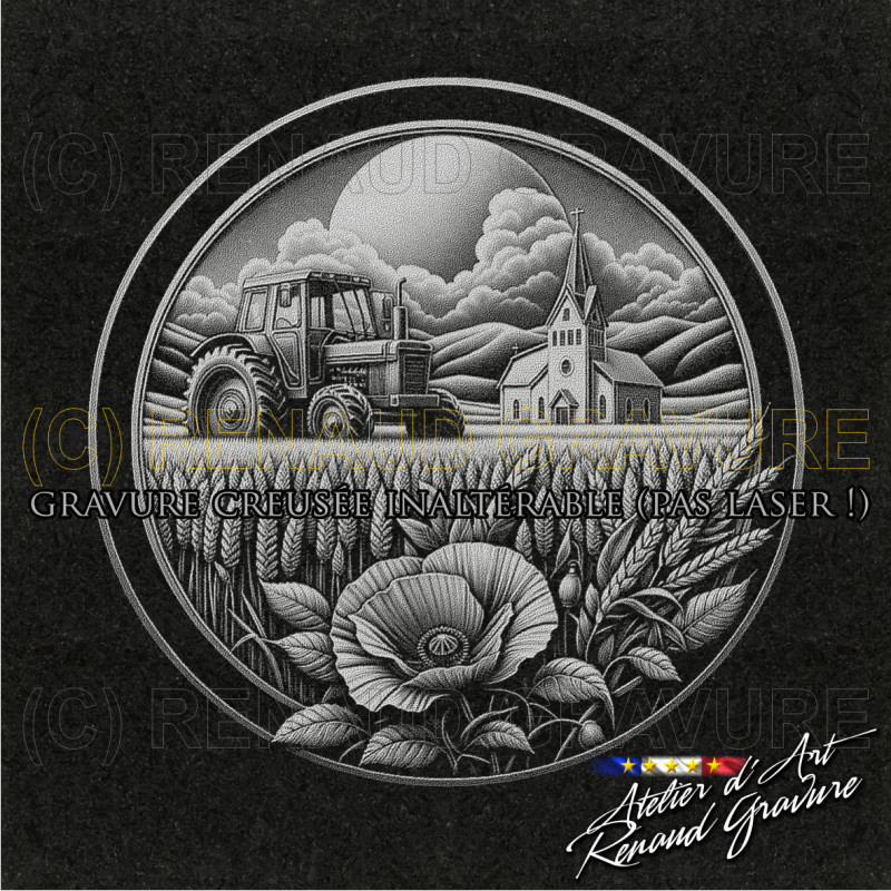 motif tracteur et champs de blés pour personnaliser votre plaque funéraire agriculteur