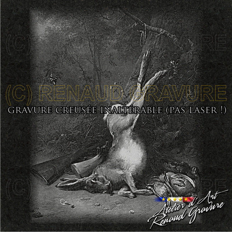motif lièvre, perdrix et fusil pour personnaliser votre plaque funéraire chasseur