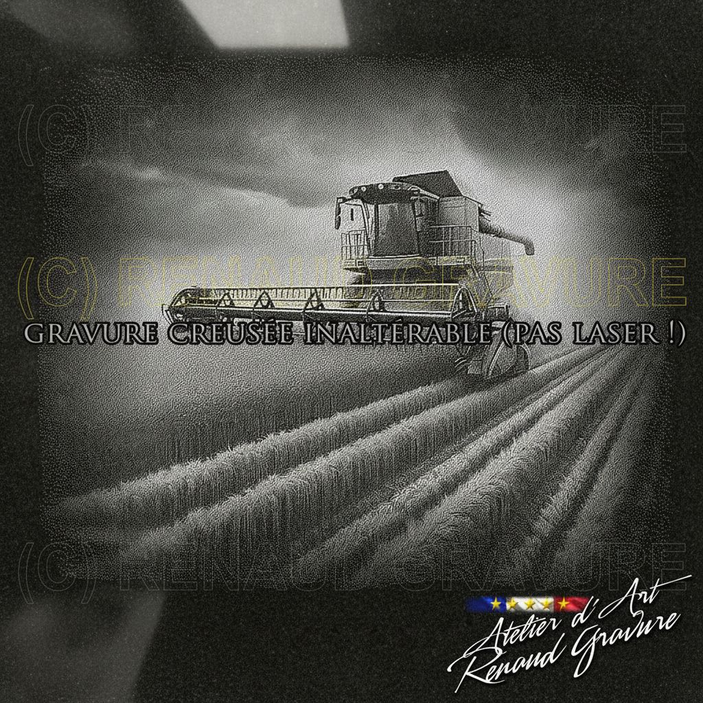 motif moissonneuse batteuse dans un champs de blés pour personnaliser votre plaque funéraire agriculteur 