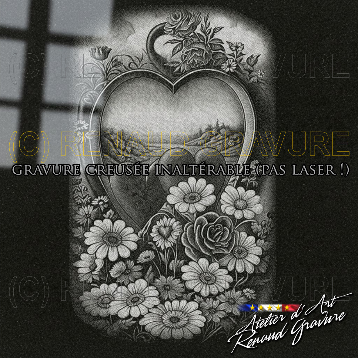 motif coeur et fleurs pour personnaliser votre plaque funéraire