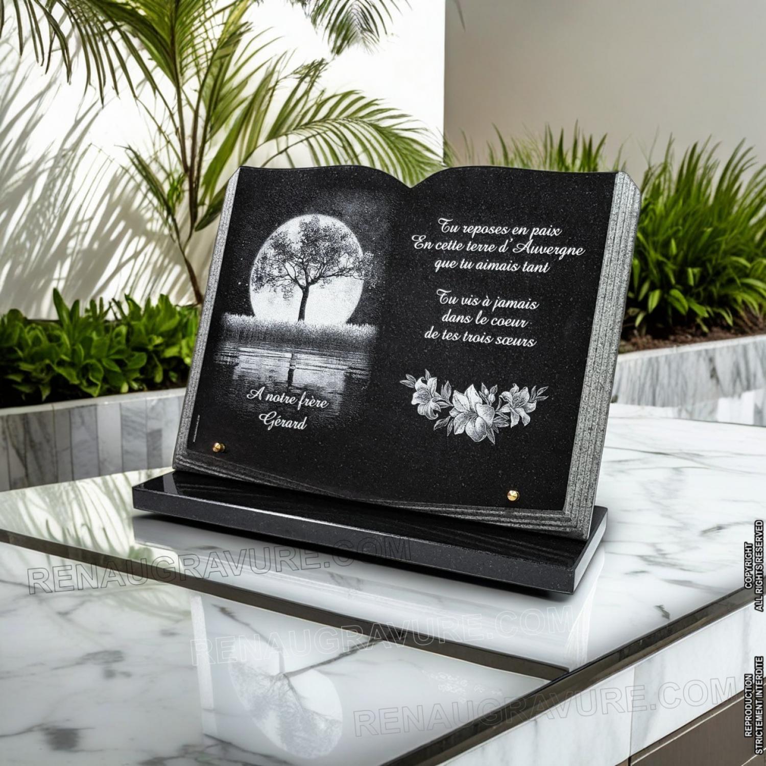 Plaque tombale en granit en forme de livre