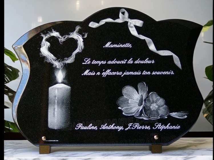 Plaque funéraire coeur, fleurs et bougie