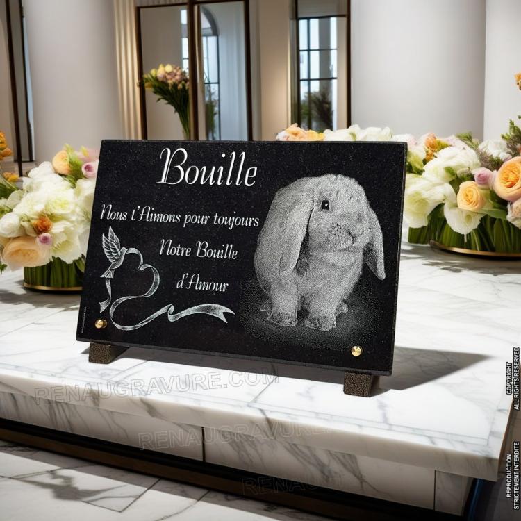 Plaque funéraire coeur colombe lapin | Renaud Gravure
