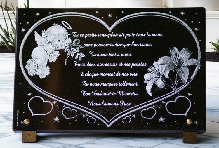 plaque funéraire coeur, ange et fleurs