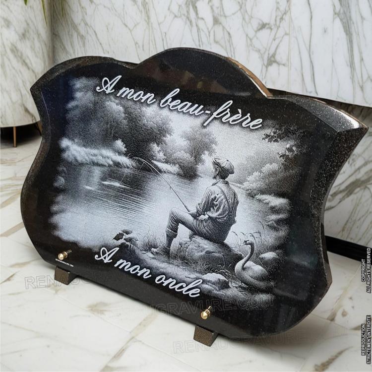 Plaque mortuaire pêcheur avec rivière et cygne