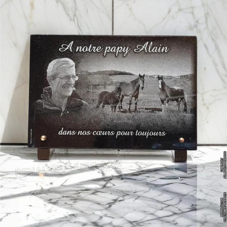 Plaque funèbre photo portrait chevaux | RENAUD Gravure