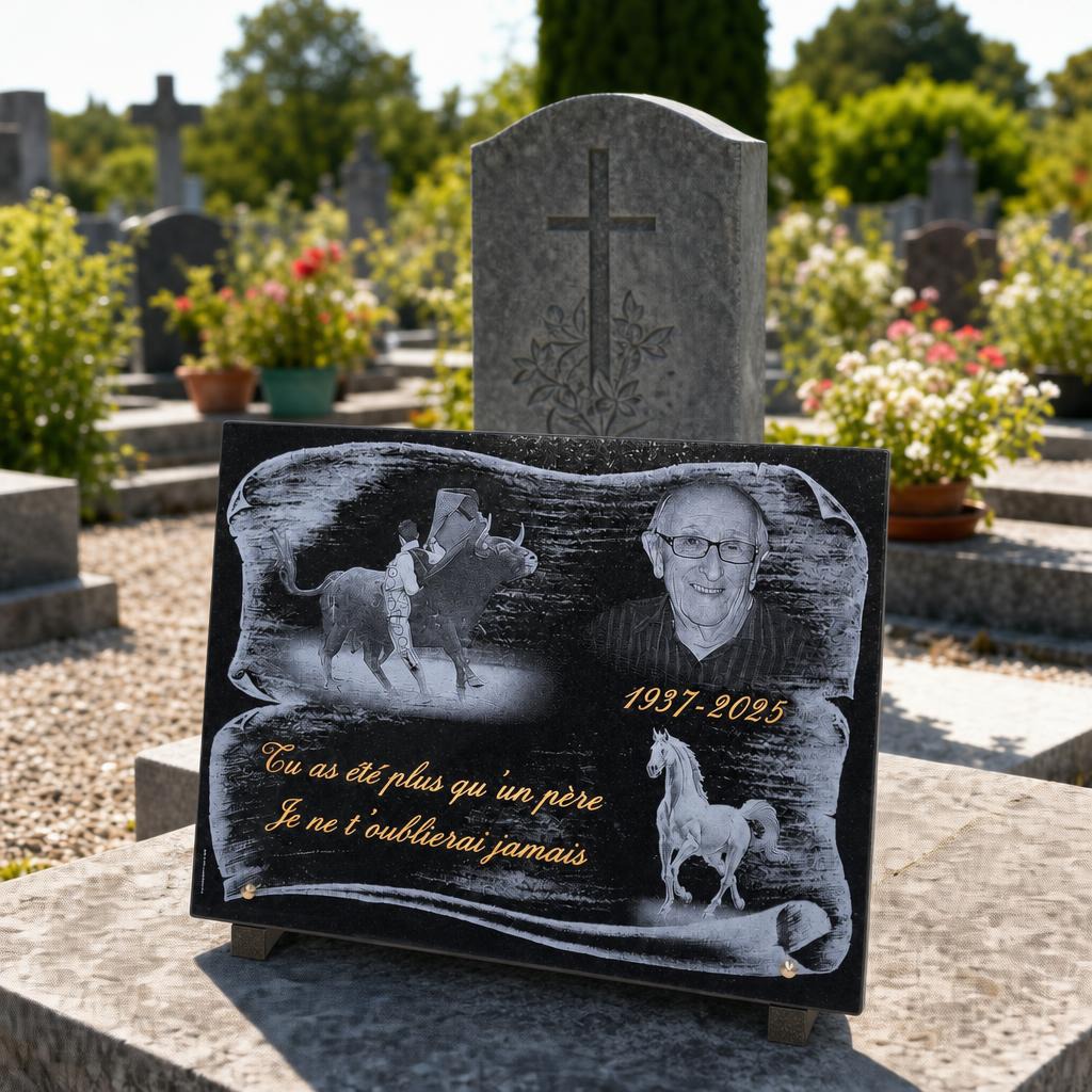 Plaque funéraire personnalisée avec portrait, chevaux et message d’hommage