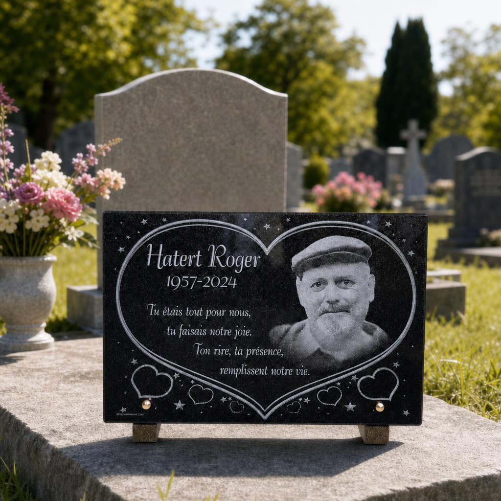 Plaque funéraire personnalisée avec portrait et cœur gravé