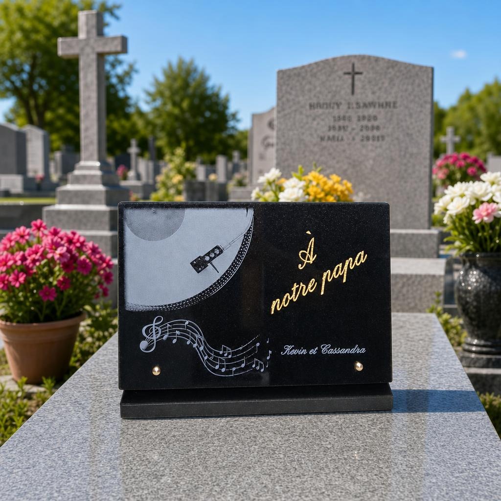 Plaque funéraire musicale pour papa en granit noir
