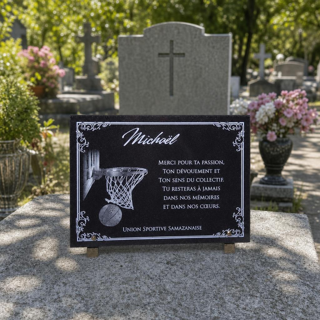 Plaque funéraire personnalisée pour un passionné de basketball