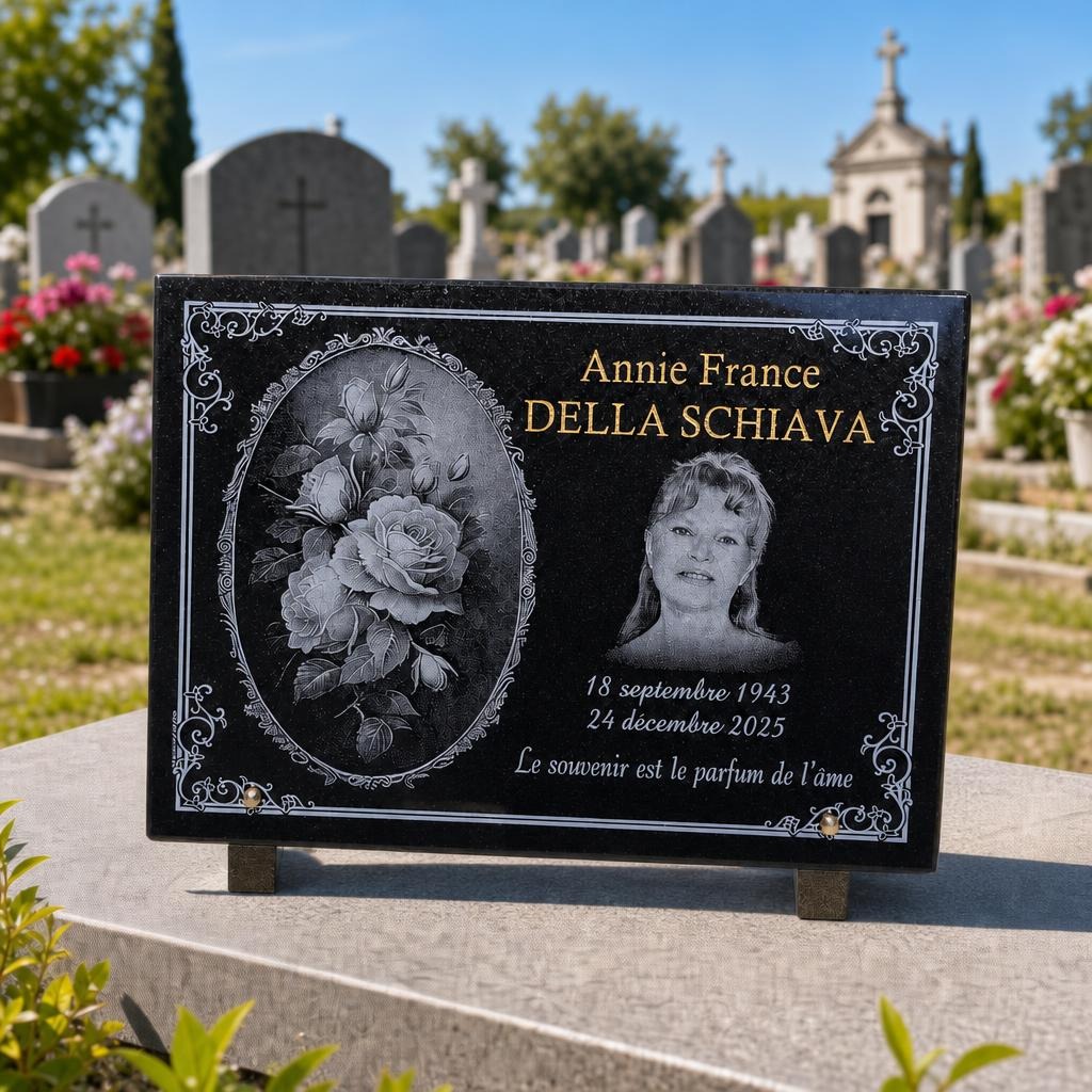 Plaque funéraire personnalisée en granit noir avec portrait et roses gravées