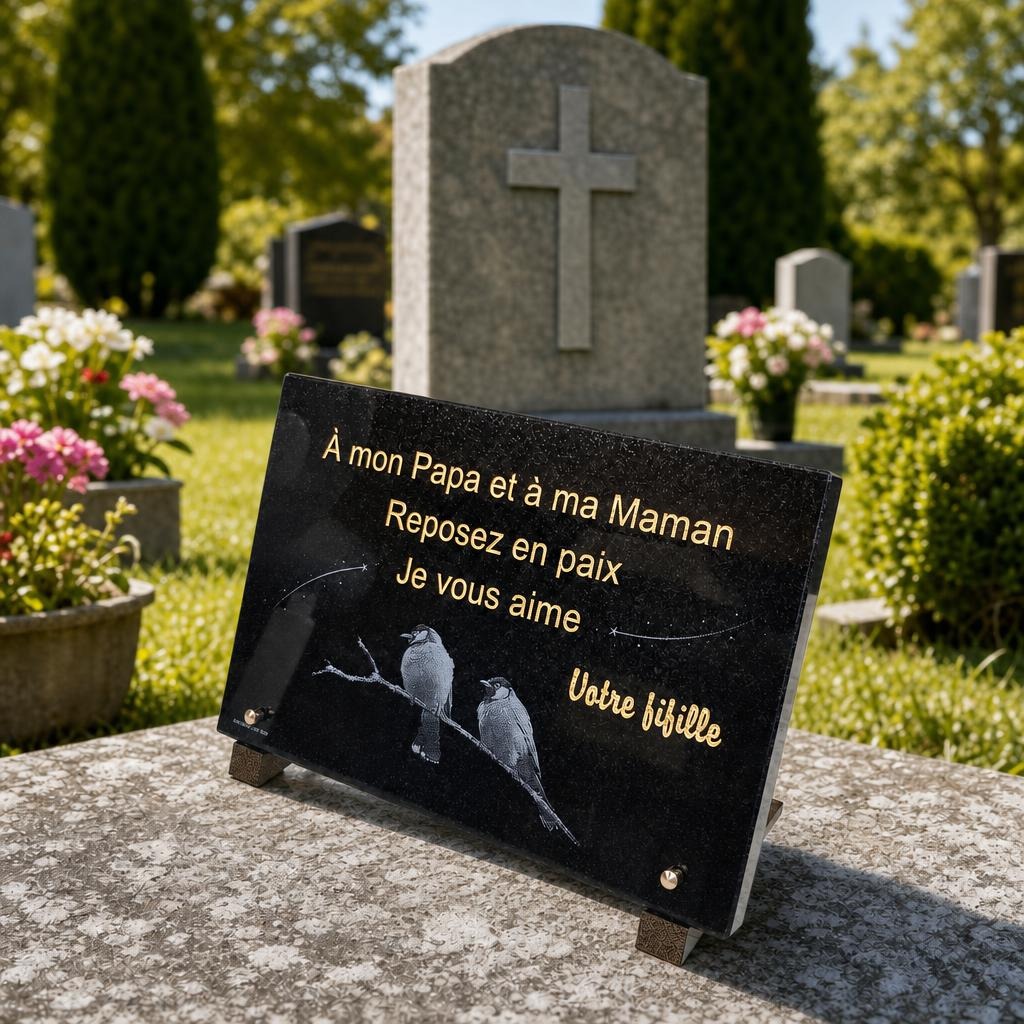 Plaque funéraire personnalisée pour parents avec gravure dorée