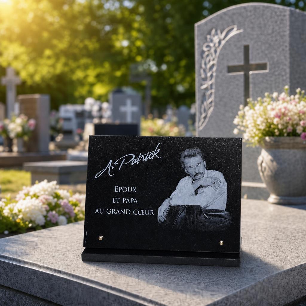 Plaque funéraire personnalisée avec portrait gravé sur granit noir