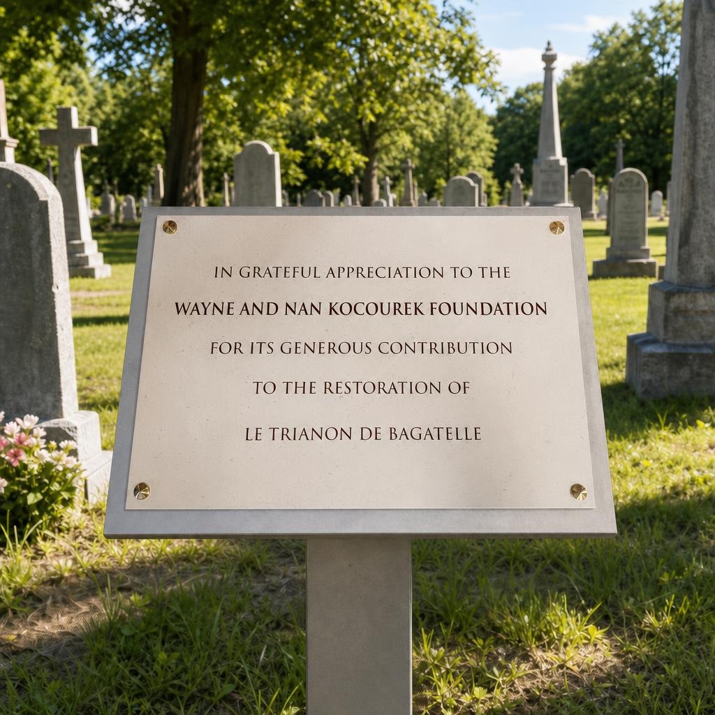 Plaque funéraire gravée sur pupitre en pierre claire