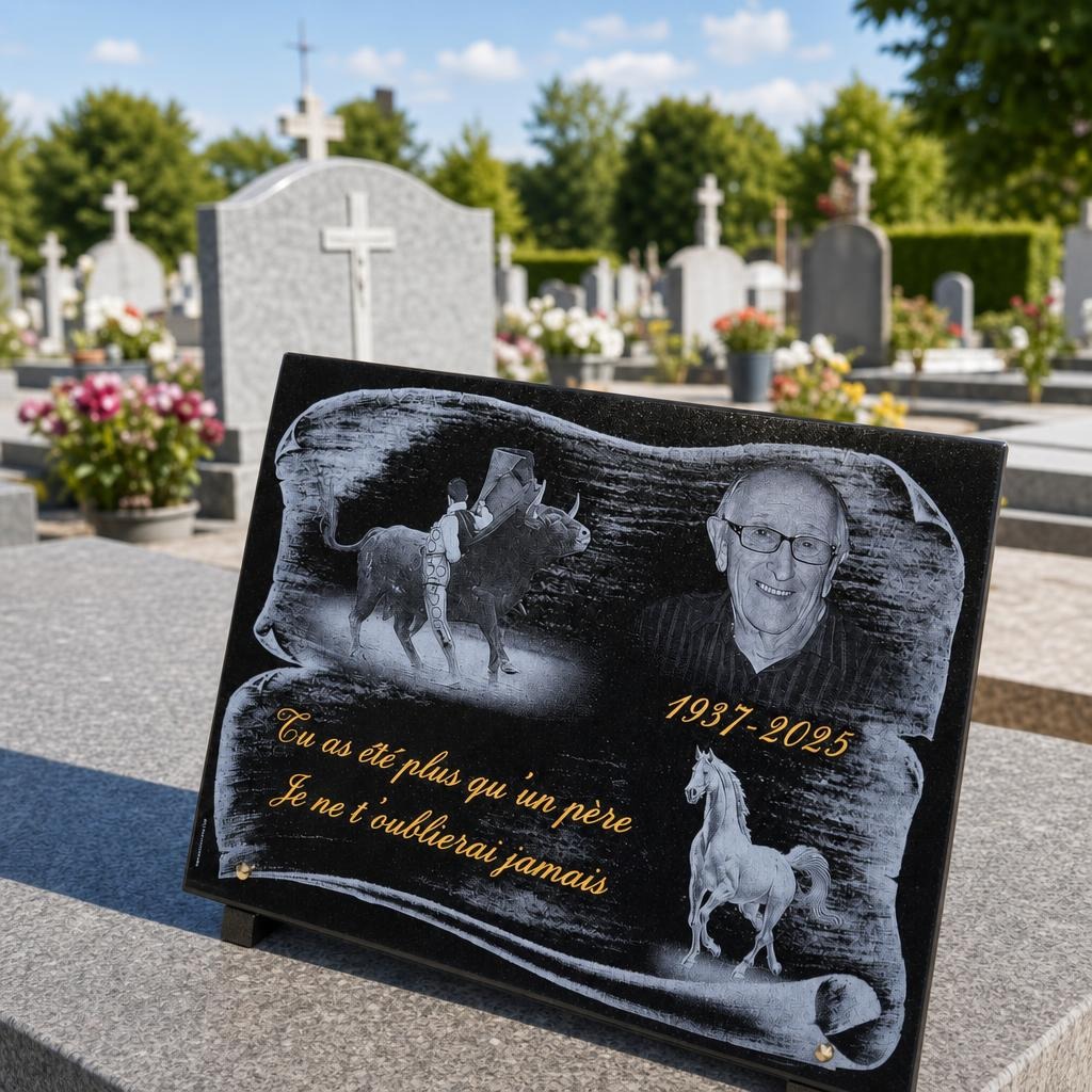 Plaque funéraire personnalisée pour un père passionné de chevaux