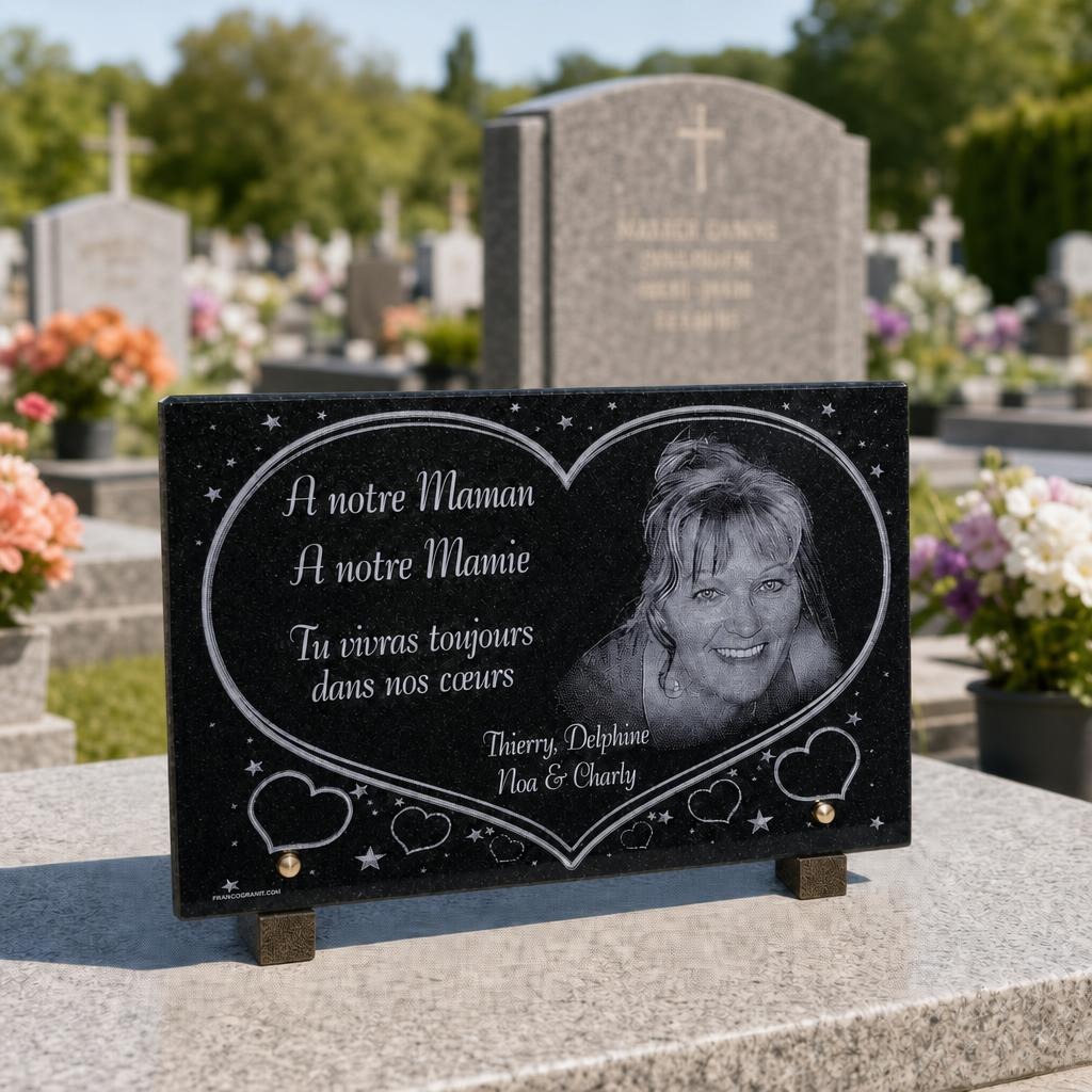 Plaque funéraire personnalisée avec portrait gravé et grand cœur
