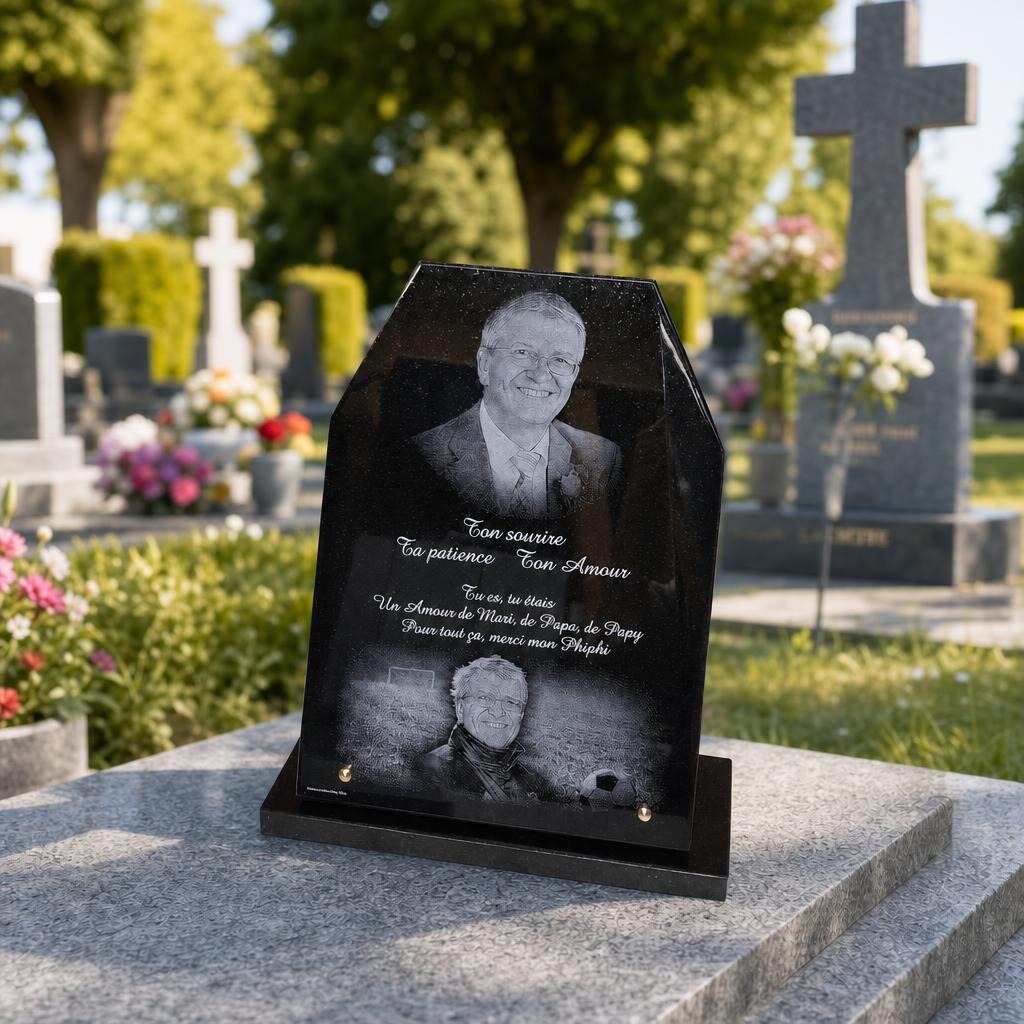 Plaque funéraire personnalisée avec portrait gravé sur granit noir