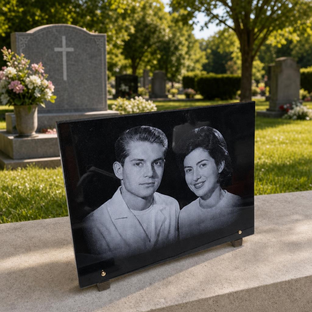 Plaque funéraire avec portrait gravé en granit noir