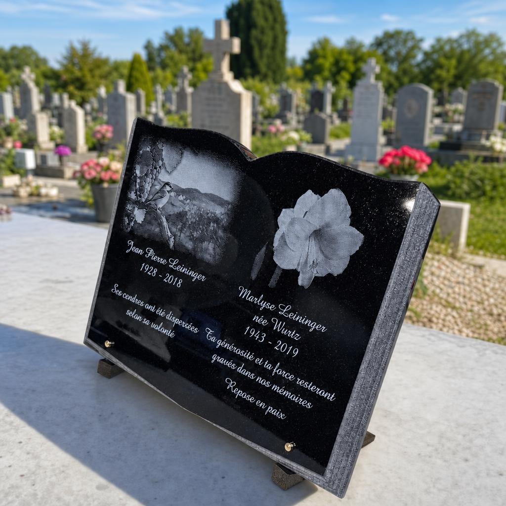 Plaque funéraire livre en granit noir avec gravure personnalisée