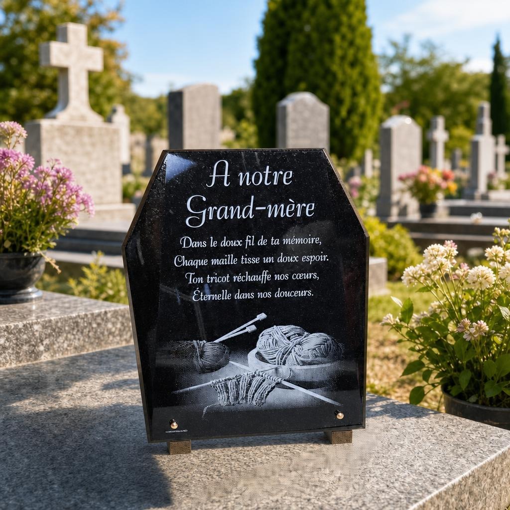 Plaque funéraire pour grand-mère avec gravure tricot
