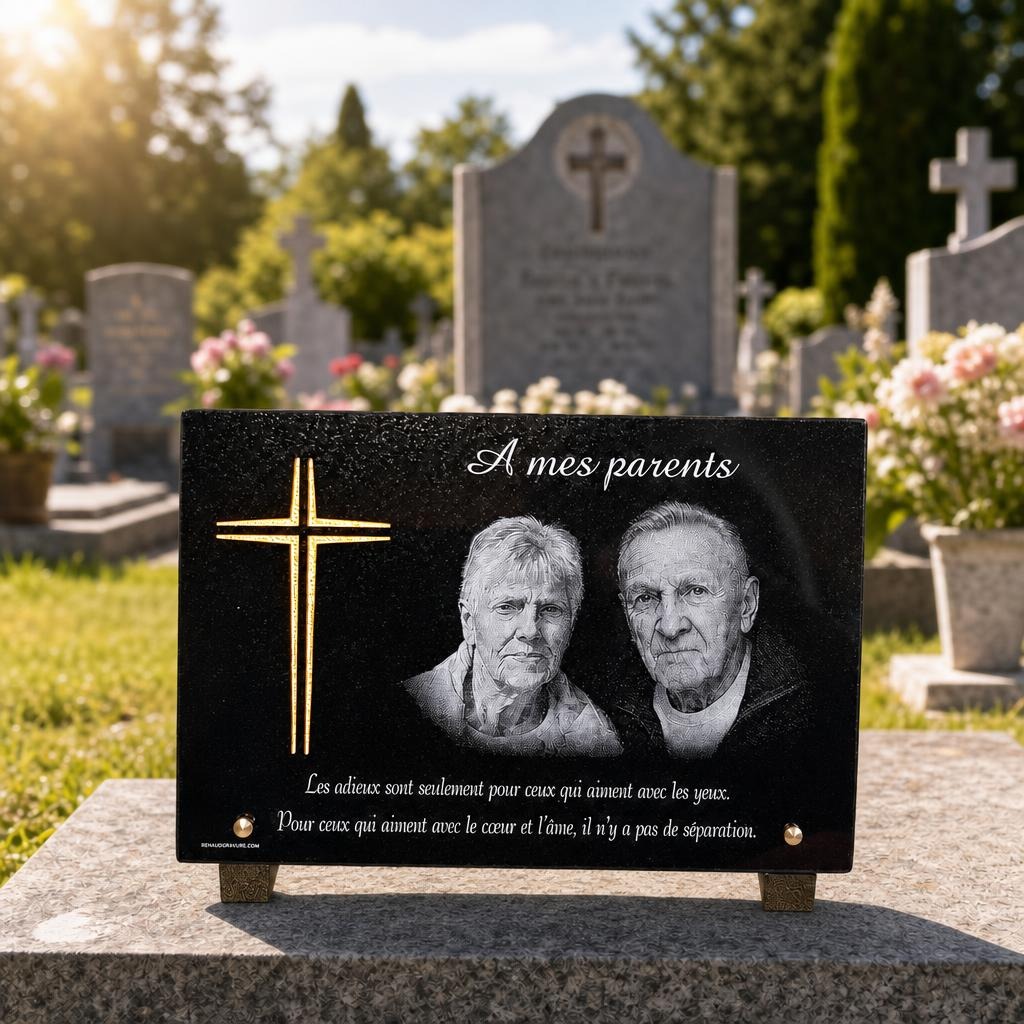 Plaque funéraire personnalisée pour parents avec portraits gravés