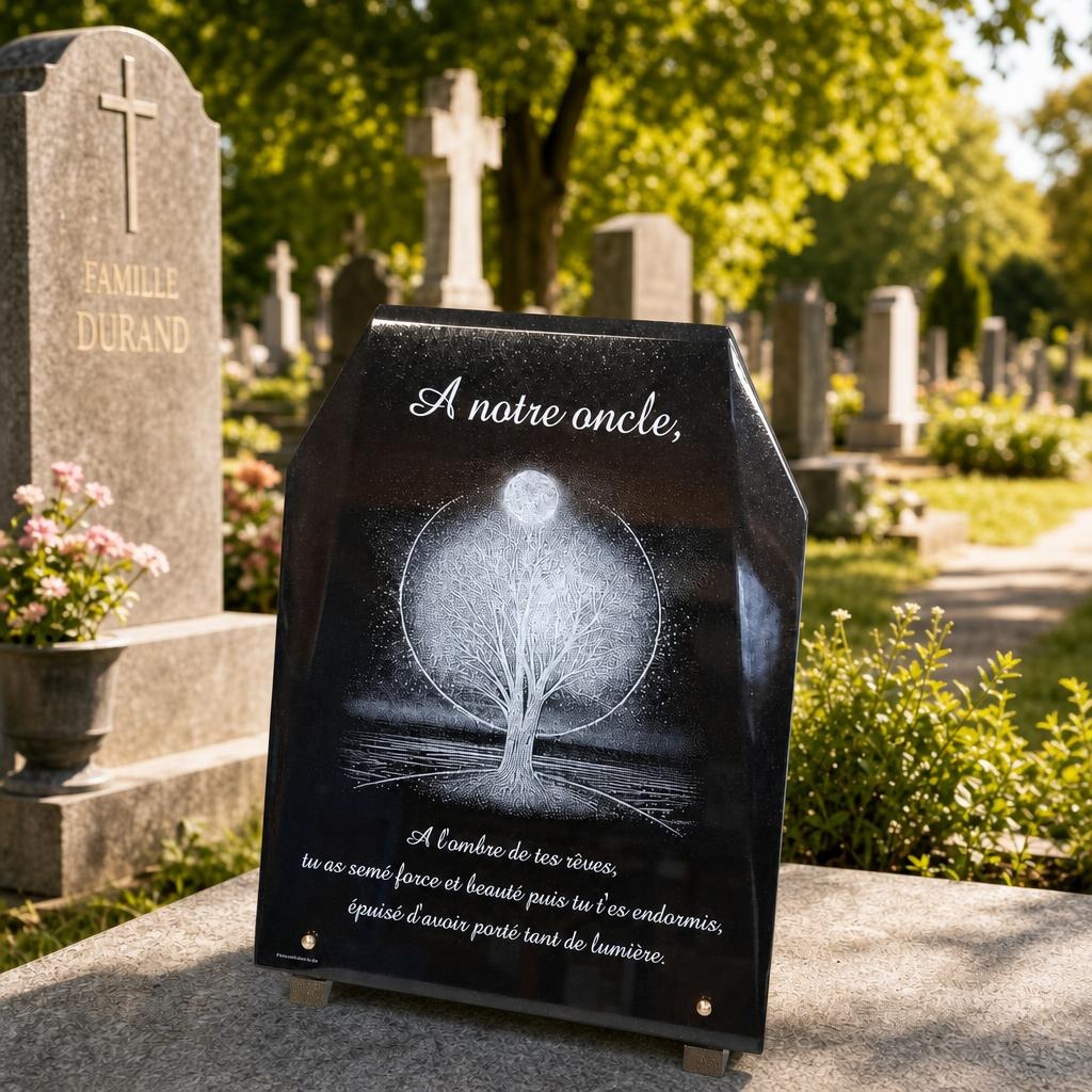 Plaque funéraire pour un oncle avec gravure d’arbre lumineux