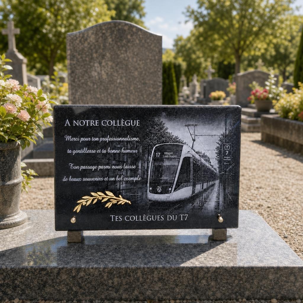 Plaque funéraire personnalisée pour un collègue avec gravure de tramway